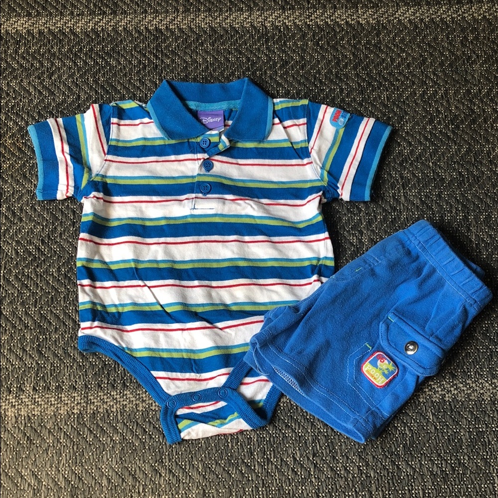 Disney Winnie the Pooh Striped Polo Bodysuit with Blue Shorts Set